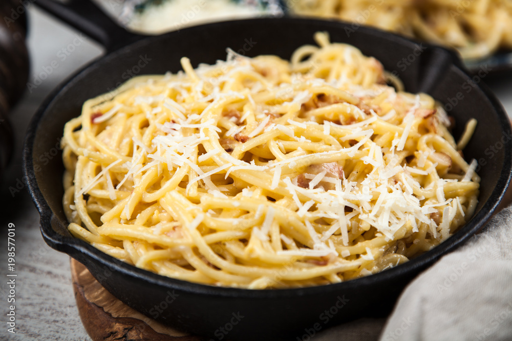 Spaghetti carbonara with egg and pancetta Spaghetti carbonara with egg and pancetta