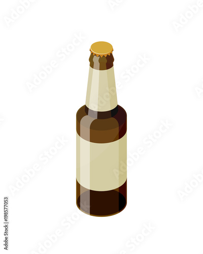 Brown isometric beer bottle with blank label template vector icon isolated on white background. Transparent glass realistic beer bottle isometric design.