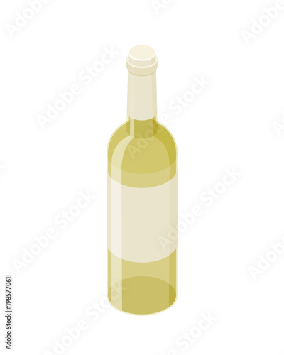 White wine isometric bottle vector icon isolated on white background. Transparent glass shiny realistic wine bottle isometric design.