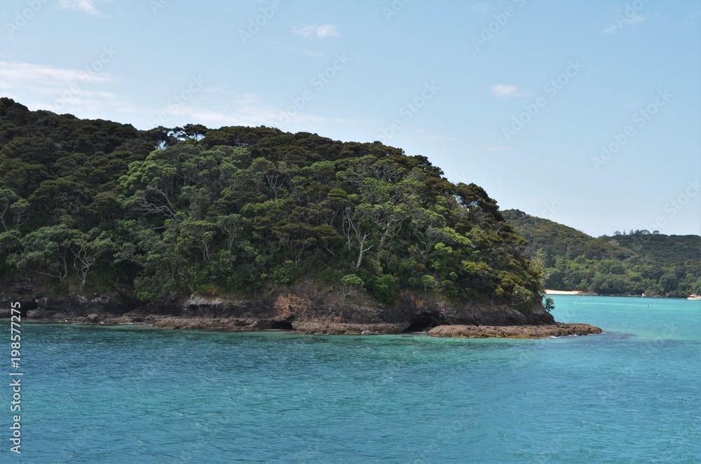 vegetated coastline in blue ocean