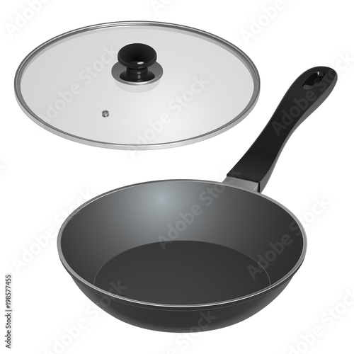 Сковородка со стеклянной крышкой и пластиковой ручкой, изолированная на белом фоне
