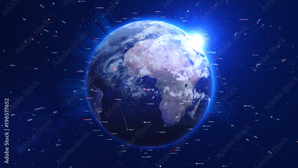 Digital blue globe with shiny lights and lines around. Technology concept.