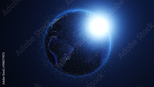 Shiny blue earth covered with 3d lines and letters around. Technology and global network concept.