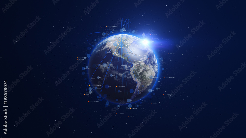 Shiny blue earth covered with lines and numbers around. Technology and global network concept. Shiny blue earth covered with lines and numbers around. Technology and global network concept.
