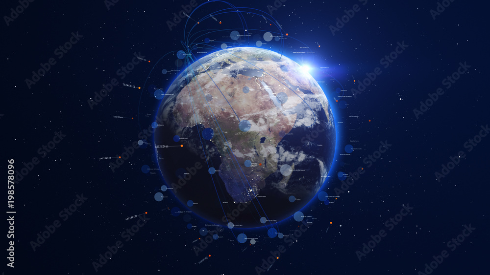 Shiny blue earth covered with lines and numbers around. Technology and global network concept. Shiny blue earth covered with lines and numbers around. Technology and global network concept.