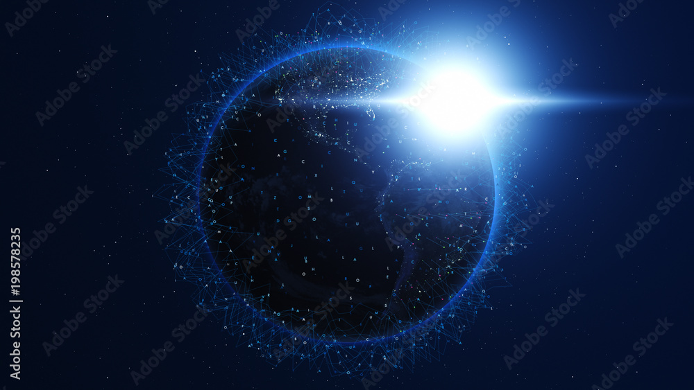 Obraz premium Shiny blue earth with colorful 3d lines and letters around. Technology and global network concept.
