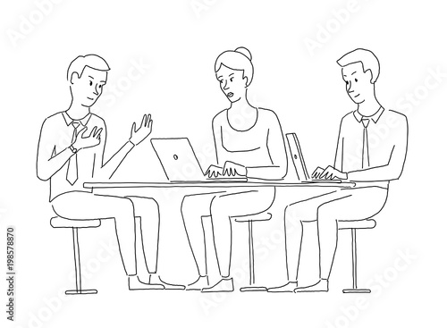 People at the table interviewing. Recruitment work commission. Explanation of the project. Business situation. Hand drawn vector illustration.