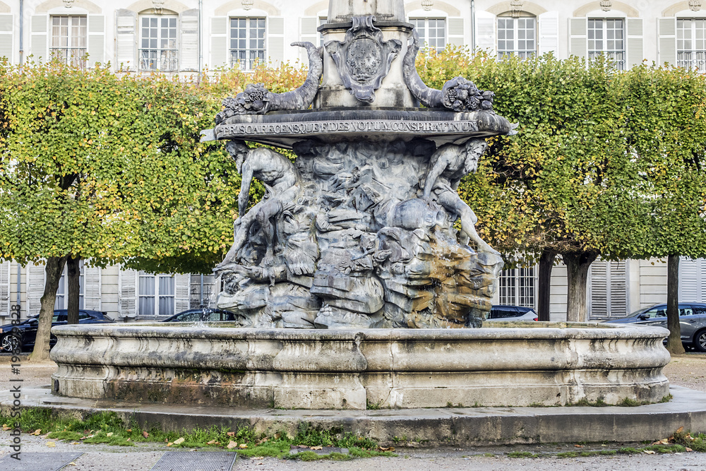 In centre of Place d'Alliance raises a remarkable fountain (1753), inspired by fountain in Piazza Navona in Rome. Nancy, Meurthe-et-Moselle department, Lorraine, France. In centre of Place d'Alliance raises a remarkable fountain (1753), inspired by fountain in Piazza Navona in Rome. Nancy, Meurthe-et-Moselle department, Lorraine, France.