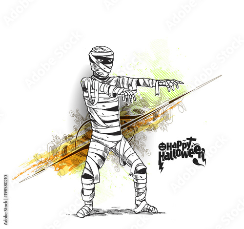  Halloween poster design With Mummy zombie costume, Hand Drawn Sketch Vector Background.