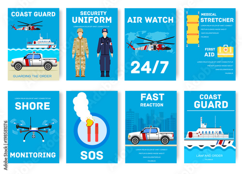 coast guard day cards set. Guarding the order of flyear, magazines, posters, book cover, banners. Devices infographic concept background. Layout illustrations template pages with typography text