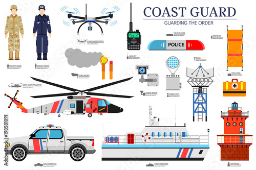 coast guard day flat icoms set. Guarding the order background. Devices infographic concept. Layout illustrations template