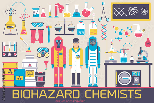 Biohazard chemists in chemistry lab  illustration concept set. Science people with equipment icons design. Scientist workplace tools for research