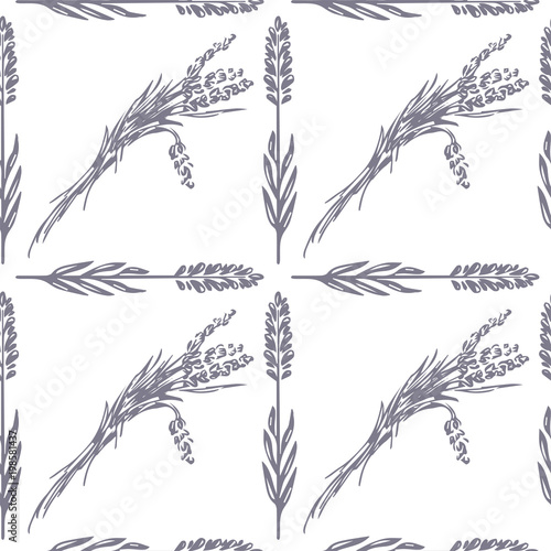 Vector Seamless pattern. Lavender theme of Provence. Pattern with graphic lavender flowers and stems. Digital drawn illustration in lilac. Pattern of lavender flowers isolated on white.