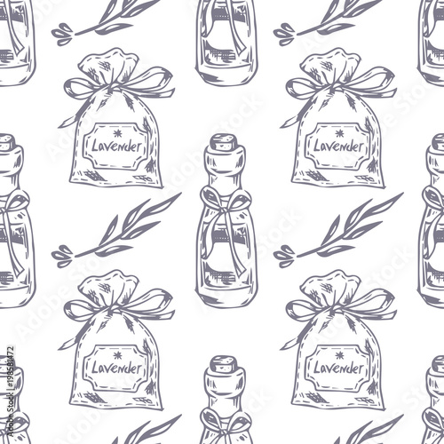 Vector Seamless pattern. Lavender theme of Provence. Pattern with graphic lavender's sachet and oil. Digital drawn illustration in lilac color. Vintage pattern of lavender elements isolated on white.