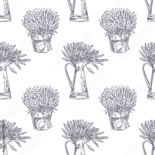 Vector Seamless pattern. Lavender theme of Provence. Pattern with graphic lavender flowers in pot. Digital drawn illustration in lilac color. Vintage pattern of lavender flowers isolated on white.