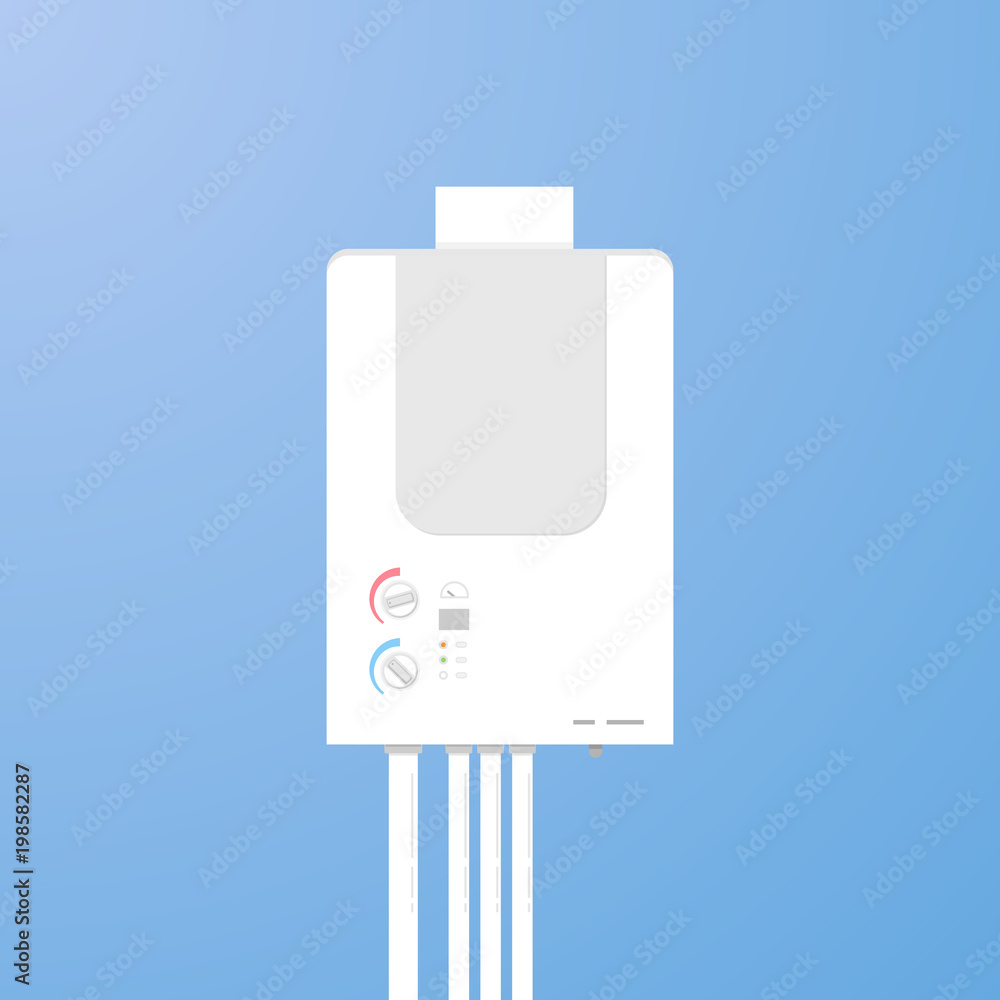 Gas boiler flat style illustration. House water heater. Hot and cold water tubes, temp controller and buttons. Wall water furnace. Gas boiler flat style illustration. House water heater. Hot and cold water tubes, temp controller and buttons. Wall water furnace.