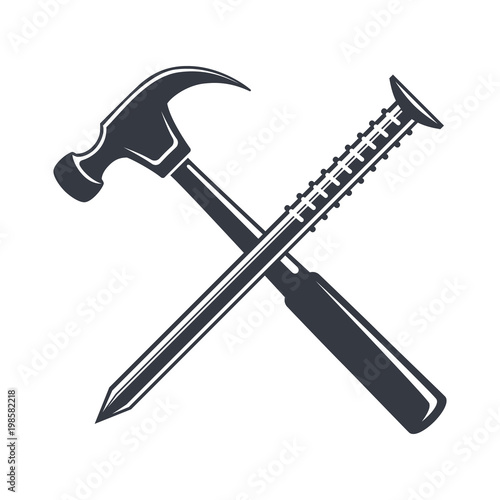 Slika na platnu Vintage hammer and nail Icon, joiner's tools, simple shape, for graphic design of logo, emblem, symbol, sign, badge, label,stamp, isolated on white background