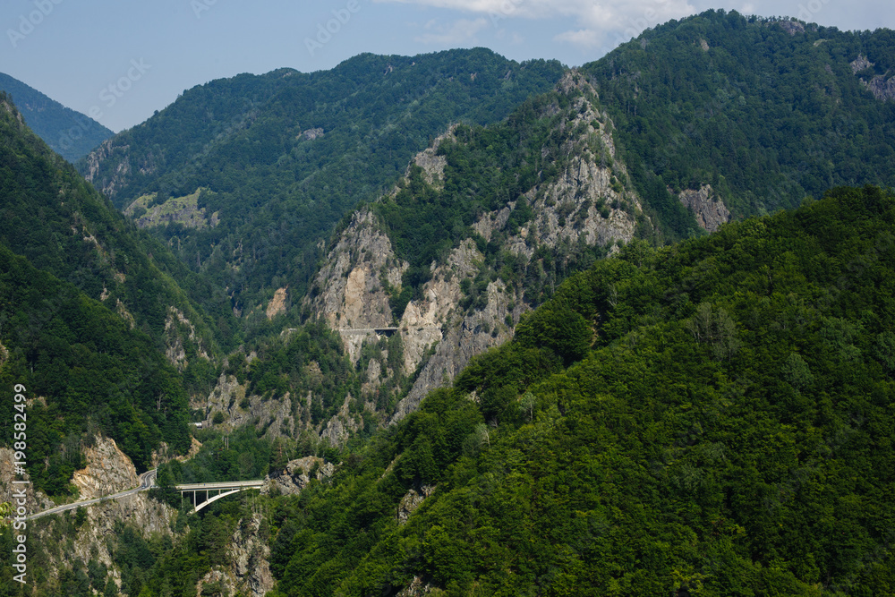 Aerial view to mountain road from castle Cetatea Poenari Aerial view to mountain road from castle Cetatea Poenari