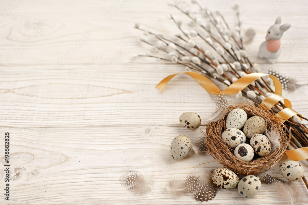 Easter background with Easter eggs and spring flowers. Top view with copy space. Easter background with Easter eggs and spring flowers. Top view with copy space.