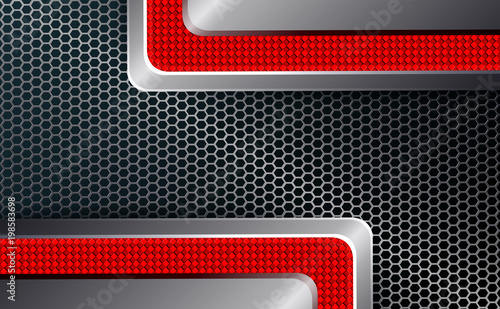 Geometric design with metal grille and red corners.