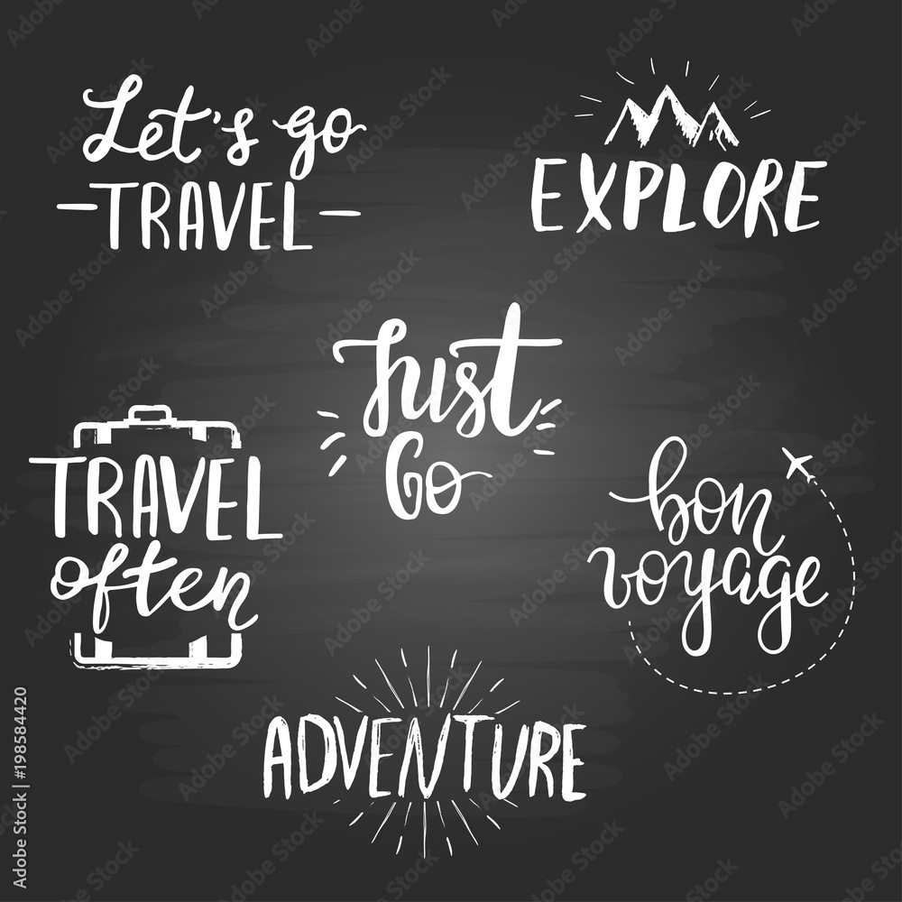 Fototapeta premium Set of inspirational travel quotes on the blackboard background.