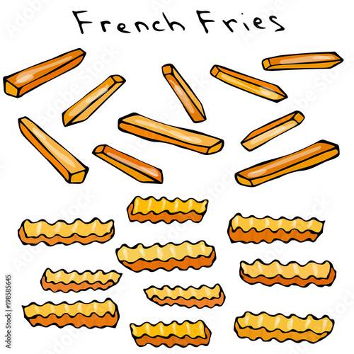 Wave Form French Fries. Fried Potato. Figure Knife Cuts of Potato Vegetable. Carved Cooking Ingredient, Fast Food or Street Food Cuisine. Realistic Hand Drawn Illustration. Savoyar Doodle Style.