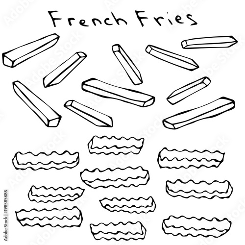 Wave Form French Fries. Fried Potato. Figure Knife Cuts of Potato Vegetable. Carved Cooking Ingredient, Fast Food or Street Food Cuisine. Realistic Hand Drawn Illustration. Savoyar Doodle Style.
