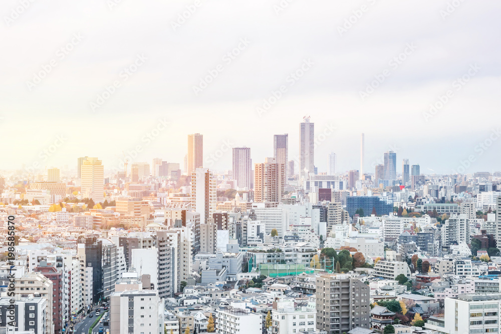 Asia business concept for real estate and corporate construction - panoramic modern city skyline aerial sunset view of bunkyo under fantasy pink sky and cloud, tokyo, Japan
