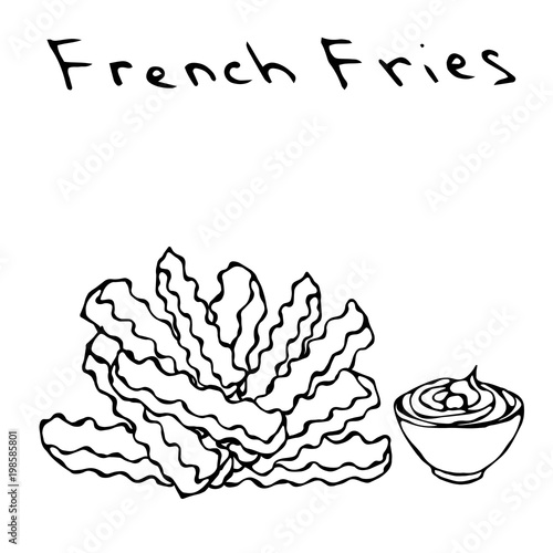 Wave Form French Fries and Bowl of Red Tomato Ketchup Fried Potato. Figure Knife Cuts of Potato Vegetable. Fast Food or Street Food Cuisine. Realistic Hand Drawn Illustration. Savoyar Doodle Style.