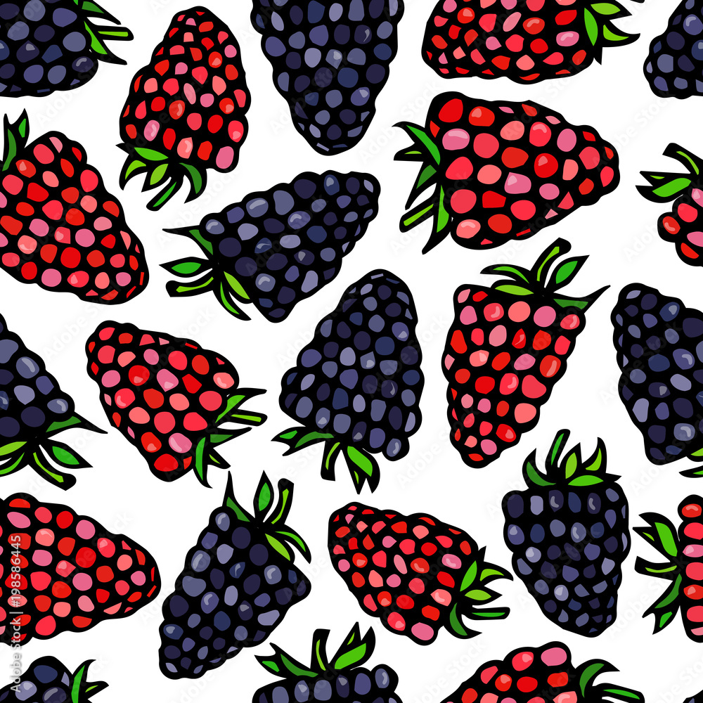 Pink Raspberry and BlackBerry with Green Stem Seamless Endless Background. Summer Red Berries. Realistic Hand Drawn Illustration. Savoyar Doodle Style. Pink Raspberry and BlackBerry with Green Stem Seamless Endless Background. Summer Red Berries. Realistic Hand Drawn Illustration. Savoyar Doodle Style.