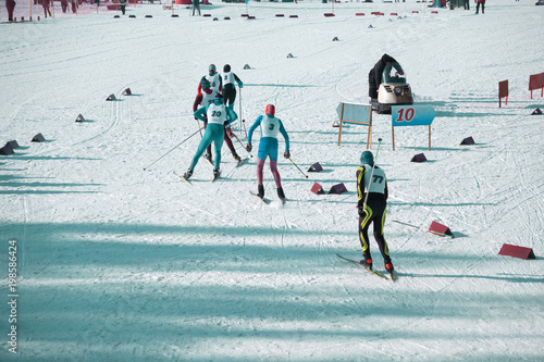 ski race, cross-country competitions, athlete on the white winter nature. Original sports photo, winter game,