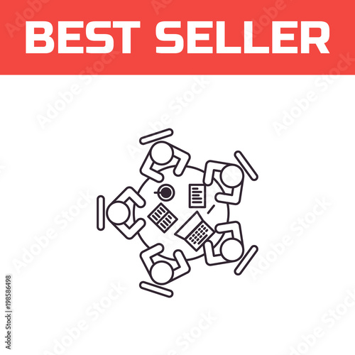 Business meeting icon. Businessmans sit around table. Group of people brainstorming. Teamwork concept. Colleagues working together. Vector illustration.