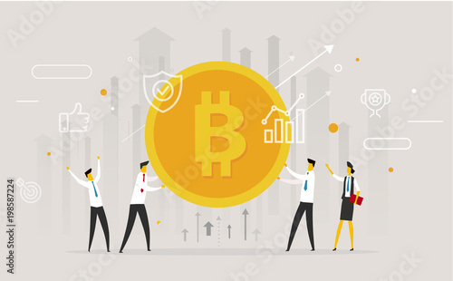 Businessmen team hold a huge bitcoin