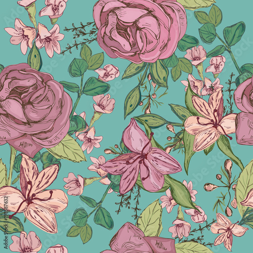 Seamless pattern with beautiful flowers and plants