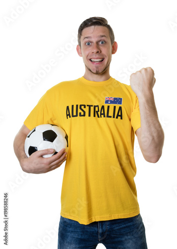 Jubelnder australischer Fussball Fan mit Ball