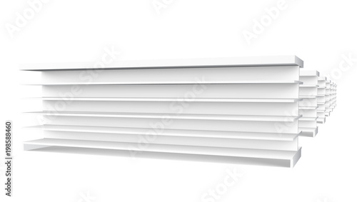 3D White Long Empty Showcase Displays With Retail Shelves Perspective