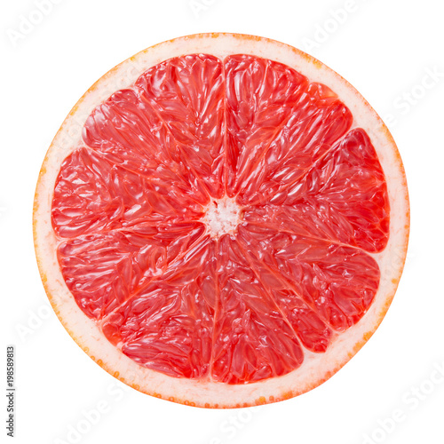 Grapefruit slice isolated. Grapefruit on white. Round slice. Top view. Clipping path.