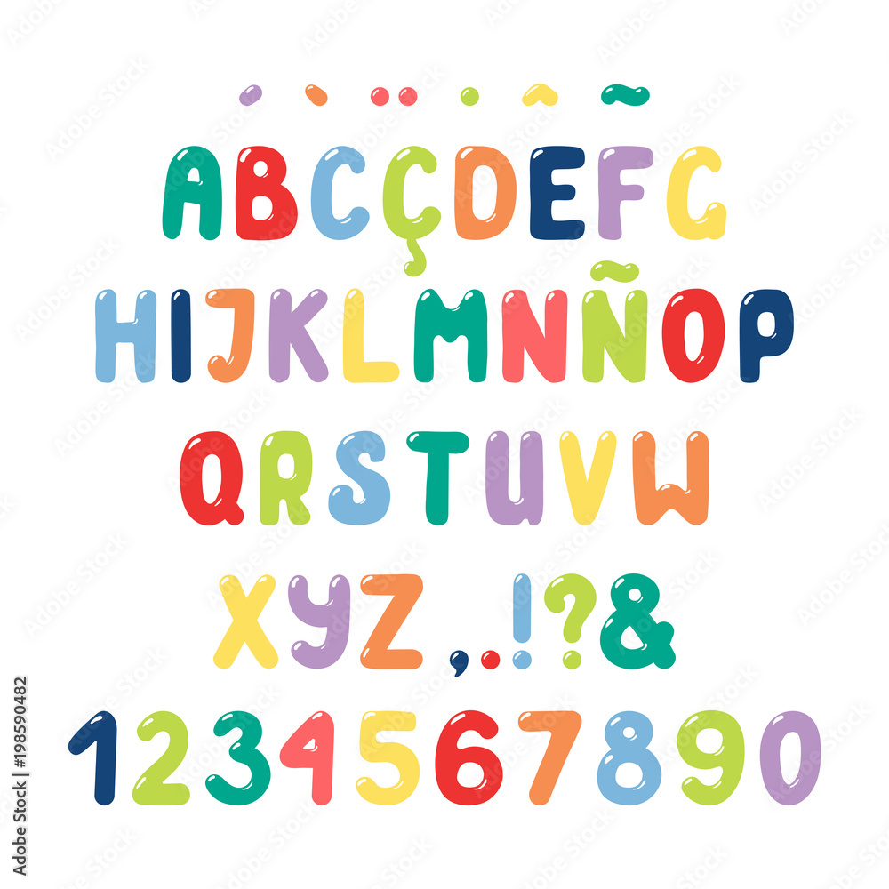 Hand drawn cute roman alphabet with numbers, punctuation marks, diacritics for Spanish, Italian, Portuguese, French. Make your own lettering. Isolated letters on white background. Vector illustration. Hand drawn cute roman alphabet with numbers, punctuation marks, diacritics for Spanish, Italian, Portuguese, French. Make your own lettering. Isolated letters on white background. Vector illustration.