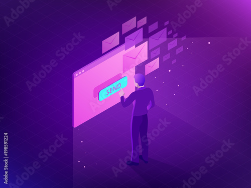 Isometric Email Inbox Electronic Communication. E-mail marketing. Receiving messages. New mail receive. Inbox message. Inbox email