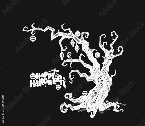Spooky silhouette of Halloween tree - vector illustration.