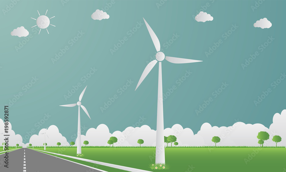 Factory ecology,Industry icon,Wind turbines with trees and sun Clean energy with road eco-friendly concept ideas.vector illustration