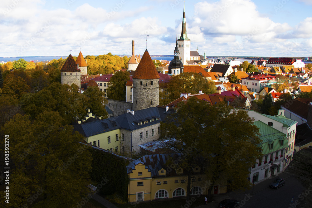  city view of old town of Tallinn, Estonia. St. Nicholas' Church, Lutheran church, EELK, Tallinn’s church. Tallinn wall.