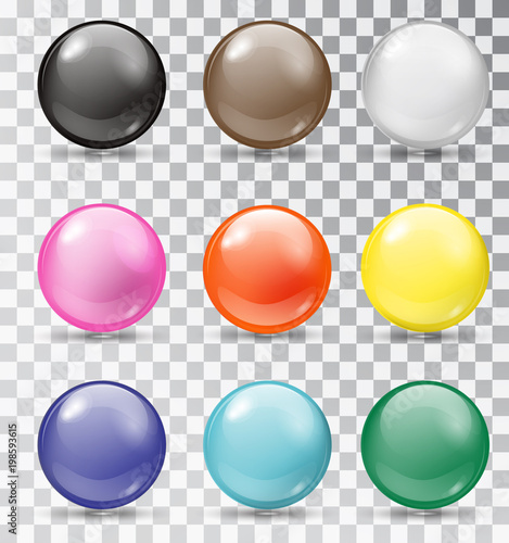 Set of glossy balls on a transparent background. Isolated objects. Vector illustration