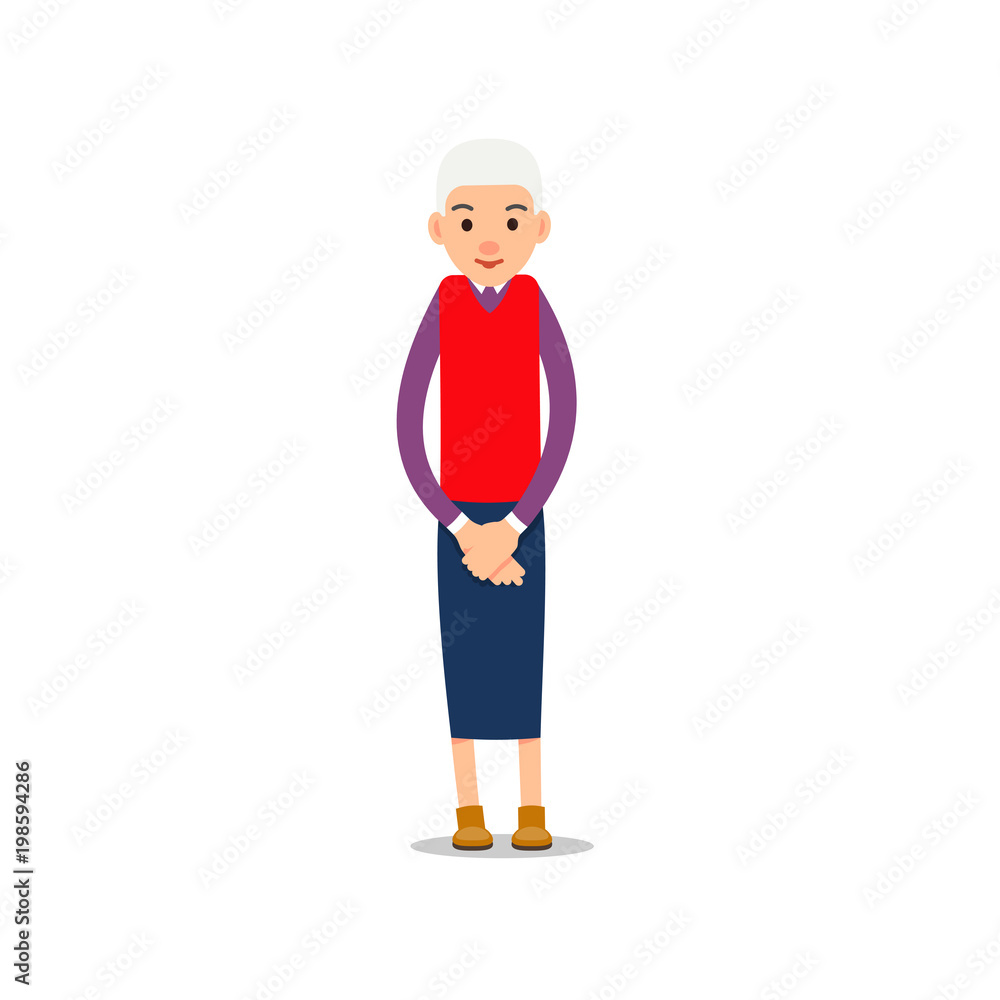 Old woman. Elderly woman stand and she put her hands down. Illustration isolated on white background in flat style. Full length portrait of old ladie, senior or grandmother