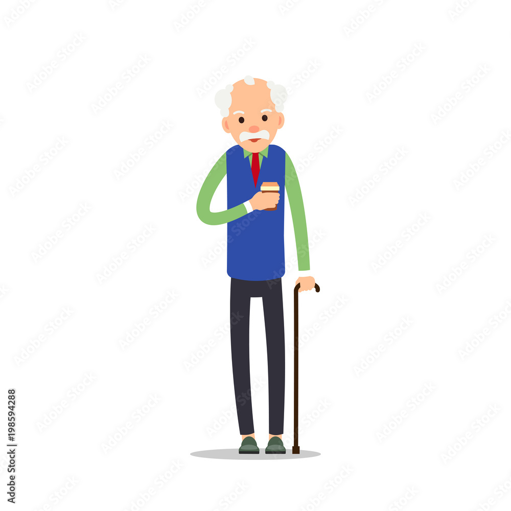 Old man. Elderly man is standing leaning on his wand and holding in his hand drink coffee. Cartoon illustration isolated on white background in flat style. Full length portrait of old human, senior Old man. Elderly man is standing leaning on his wand and holding in his hand drink coffee. Cartoon illustration isolated on white background in flat style. Full length portrait of old human, senior