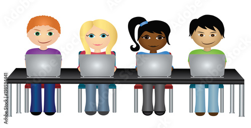 School students with laptop computers vector