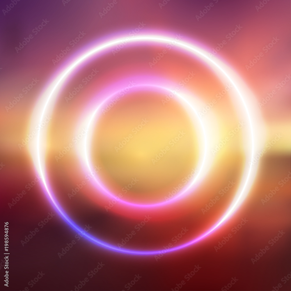 Postcard with a round neon frame and blurred background of sunrise on the sea. Vector background for your creativity Postcard with a round neon frame and blurred background of sunrise on the sea. Vector background for your creativity
