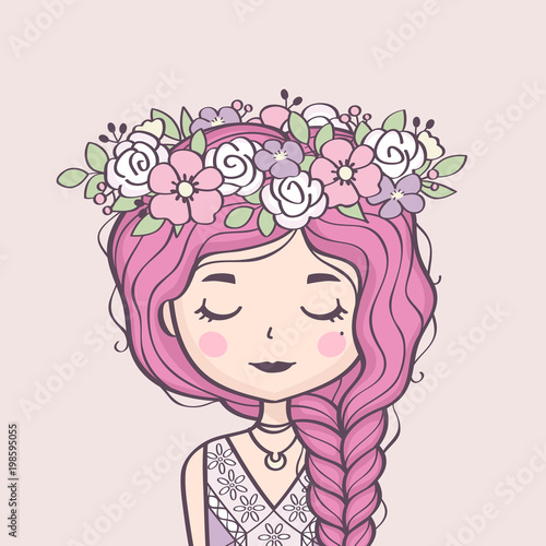 Cute girl in flower wreath. Beautiful girl with braid and flowers. Vector illustration. 
