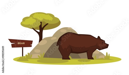 Bear zoo animal and wooden signboard vector cartoon icon for zoological park