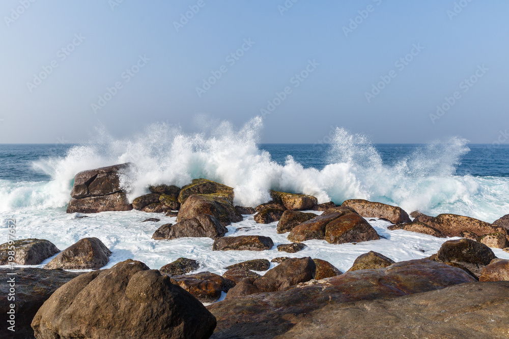 scenic view of ocean waves washing into rocks, sri lanka, mirissa